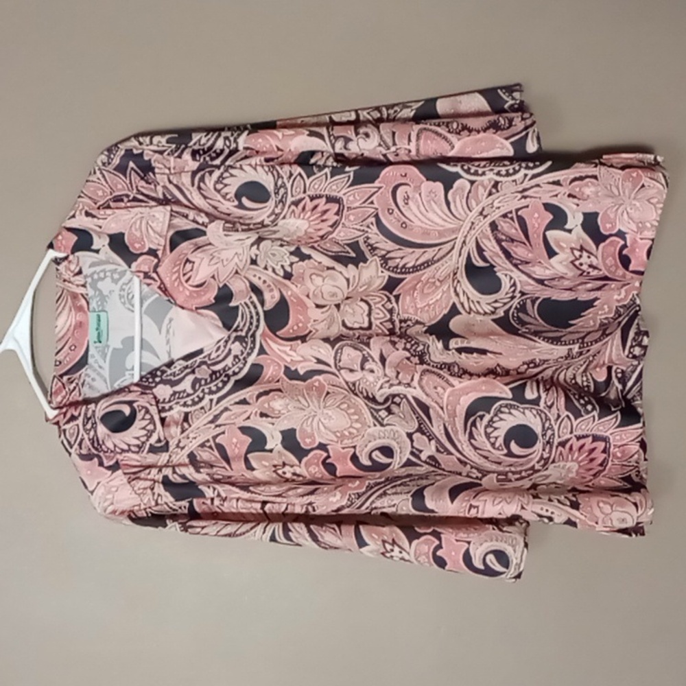 Sara Morgan 3/4 Sleeve Pink Collared Paisley Blouse w Side Slits L